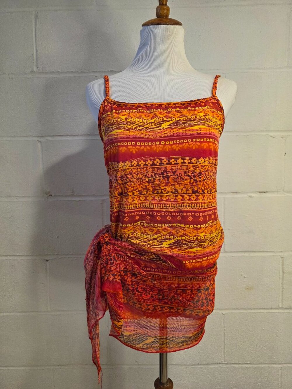 y2k Resortwear McBling Western Boho Hippie Orange, Yellow 3 Piece Tankini Set